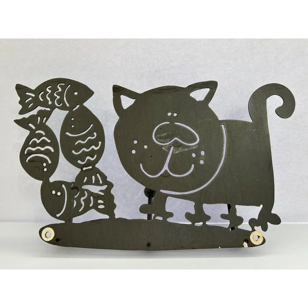 Kitty Cat & Fish Metal Wall Hook Decor Key Pet Leash Towel Hat Holder Whimsical